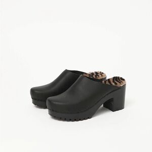 No.6 Liza Clog on Mid Tread in Black with Zebra Shearling on Black Base